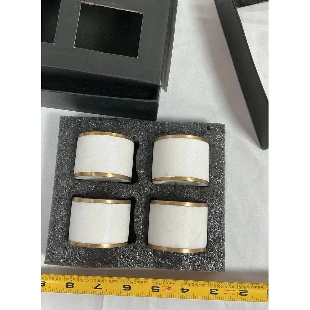 Marble Napkin Holder Rings White  w/ Gold Trim -‎ Set of 4